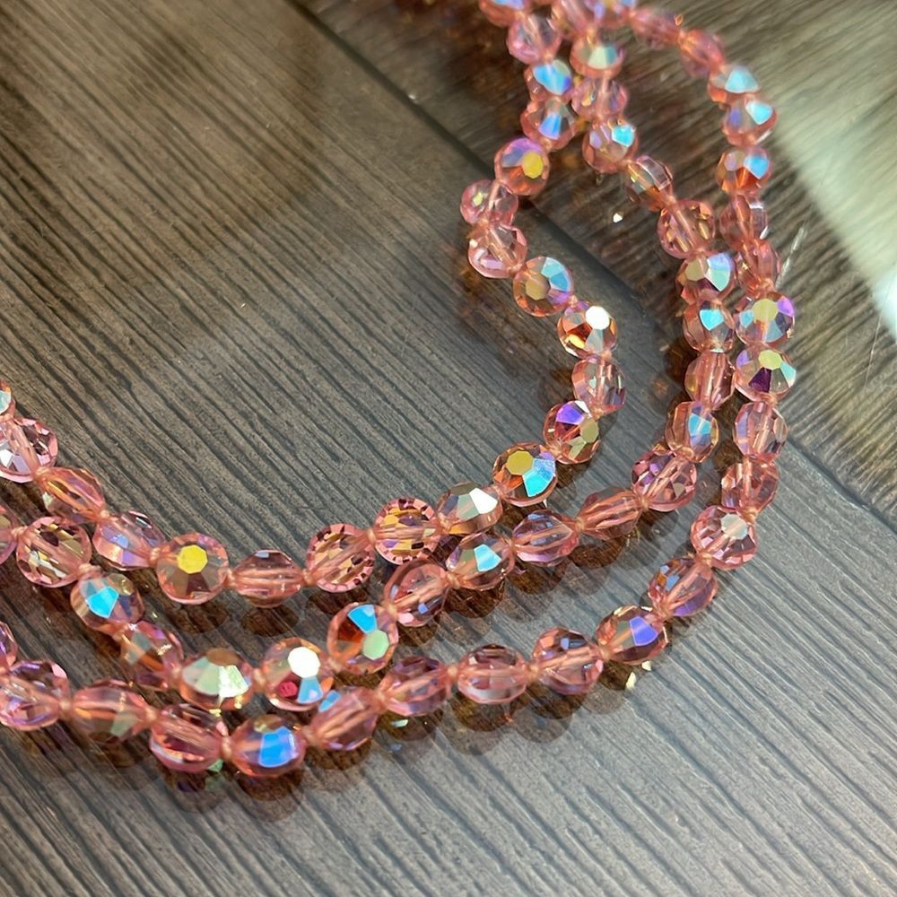 Vintage Three Strand Pink AB Crystal Necklace - Choker - Picture 2 of 16